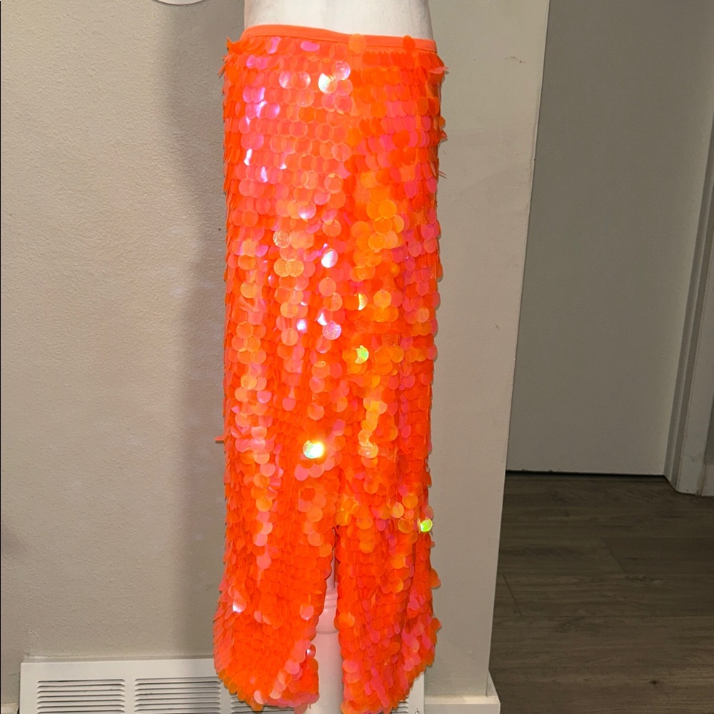 Anthropologie Orange Sequin Pencil Skirt - Picture 6 of 14